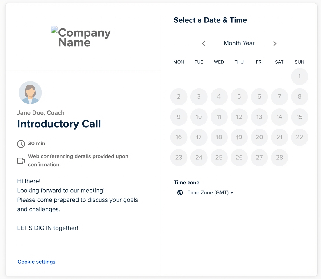 Calendly booking page — generic avatar and calendar